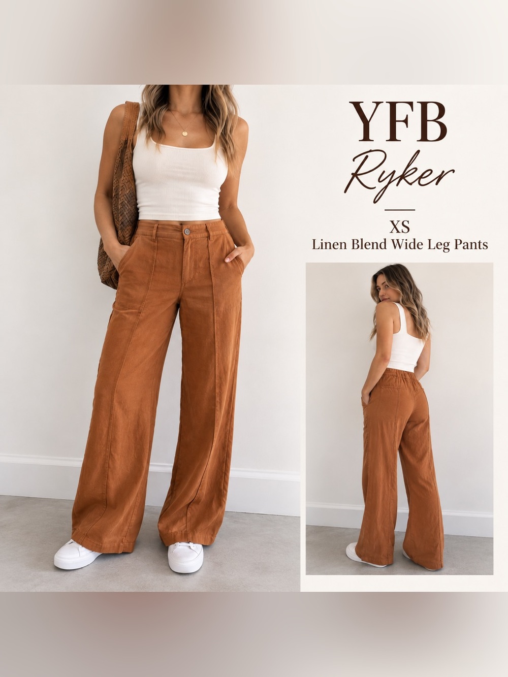 YFB Young Fabulous & Broke Ryker Linen Blend Wide Leg Pants XS Rust Brown